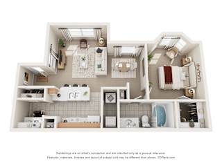 A 3D floor plan of a 1 bedroom apartment with a kitchen, living room, and bathroom