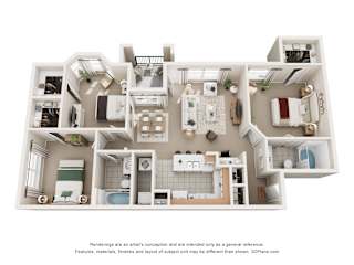 A 3D floor plan of a 3 bedroom apartment with a kitchen, living room, and bathrooms.