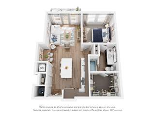 A 3D floor plan of a one bedroom apartment with a kitchen, living room, and bathroom.