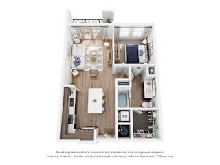 A 3D floor plan of a one bedroom apartment with a kitchen, living room, and bathroom.