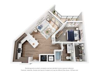 A 3D floor plan of a house with a kitchen, living room, and bathroom.