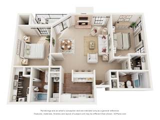 A 3D floor plan of a house with labeled rooms.