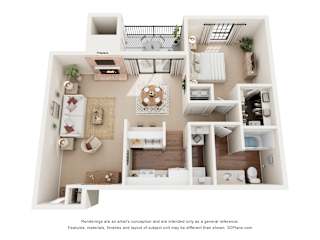 A 3D floor plan of a small apartment with a kitchen, living room, and bathroom.
