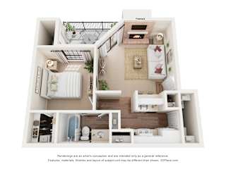 A 3D floor plan of a small apartment with a kitchen, living room, and bathroom.