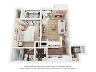 A 3D floor plan of a house with a living room, kitchen, and bathroom.