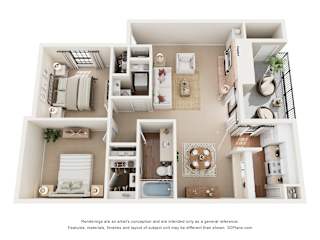 A 3D floor plan of a house with multiple rooms.