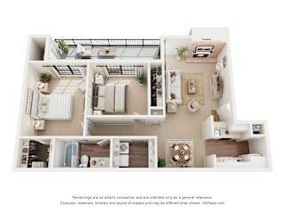 A 3D floor plan of a house with a kitchen, living room, and bathroom.