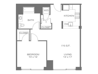 1 Bed 1 Bath 733 SF Floor Plan at Residences at Manchester Place, Manchester, NH 03101