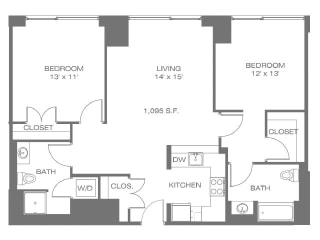 1 Bed 1 Bath 733 SF Floor Plan at Residences at Manchester Place, Manchester, NH