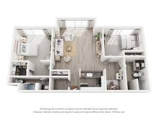 A 3D floor plan of a house with a kitchen, living room, and two bedrooms.