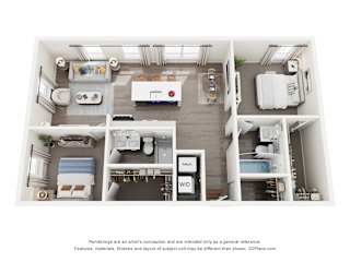 A 3D floor plan of a 2-bedroom apartment home with a kitchen, living room, and bathroom.