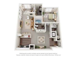 A 3D floor plan of a 1-bedroom with a kitchen, living room, and bathroom.