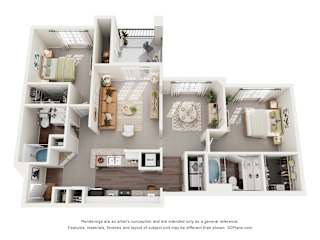 A 3D floor plan of a 2-bedroom with a kitchen, living room and bathroom.
