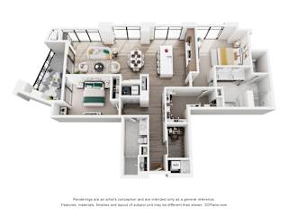 A 3D floor plan of a 2 bedroom apartment with a kitchen, living room, dining room, and two bathrooms