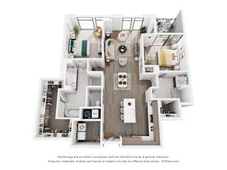 A 3D floor plan of a 2 bedroom apartment with a kitchen, living room, and 2 bathrooms
