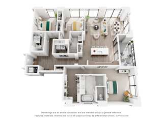 A 3D floor plan of a 3 bedroom apartment with a kitchen, living room, and 3 bathrooms