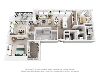 A 3D floor plan of a 2 bedroom apartment with a kitchen, living room, and 2 bathrooms