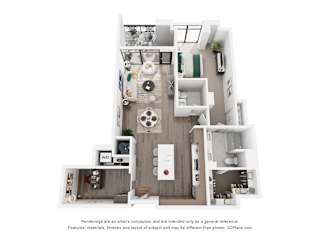 A 3D floor plan of a 1 bedroom apartment with a kitchen, living room, and bathroom.