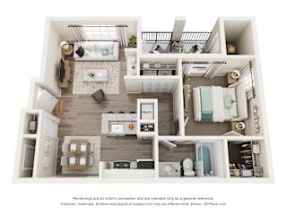A 3D floor plan of a 1-bedroom apartment with a kitchen, living room, and bathroom.