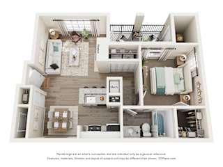 A 3D floor plan of a 1-bedroom with a kitchen, living room, and bathroom