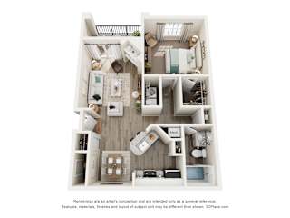 A floor plan of an apartment with a kitchen, living room, and two bedrooms.