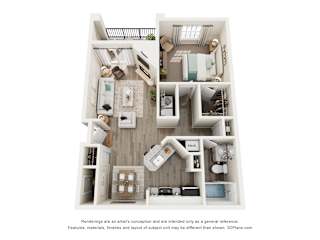A floor plan of an apartment with a kitchen, living room, and bedroom.