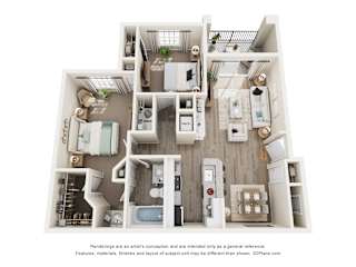 A 3D floor plan of a 2-bedroom apartment with a kitchen, living room, and bathroom.