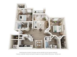 A 3D floor plan of an apartment with a kitchen, living room, and two bedrooms.