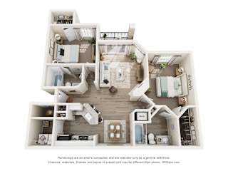 A 3D floor plan of a house with multiple rooms and furniture.