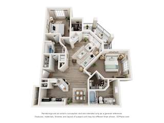 A 3D floor plan of a house with a kitchen, living room, and bathrooms.