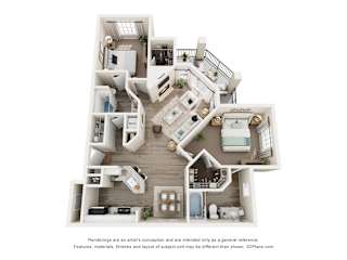 A 3D floor plan of a house with a kitchen, living room, and bathrooms.