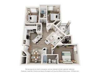 A 3D floor plan of an apartment with a kitchen, living room, and three bedrooms.