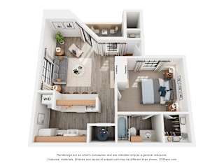 A 3D floor plan of a 1-bedroom apartment with a kitchen, living room, and bathroom.
