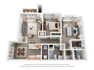 A 3D floor plan of a 2-bedroom apartment with a kitchen, living room, and bathroom.