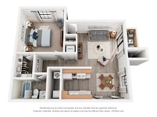 A 3D floor plan of a 1-bedroom apartment with a kitchen, living room, and bathroom.
