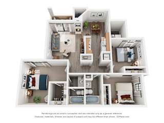 A 3D floor plan of a 3-bedroom apartment with a kitchen, living room, and bathroom.