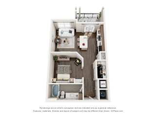 A 3D floor plan of a junior 1 bedroom apartment with a kitchen, living room, and bathroom.