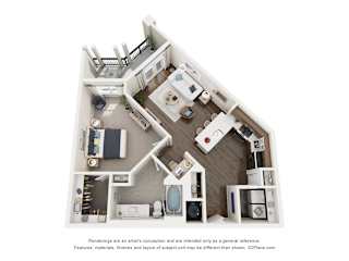 A 3D floor plan of a one bedroom apartment home with a kitchen, living room, and two bedrooms.