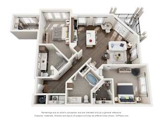 A 3D floor plan of a 2 bedroom apartment with a kitchen, living room, and two bedrooms.