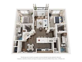 A 3D floor plan of a 2 bedroom apartment with a kitchen, living room, and bedrooms.
