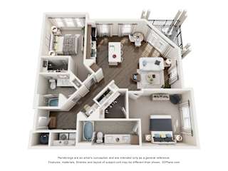 A 3D floor plan of a 2 bedroom apartment home with a kitchen, living room, and bathrooms.