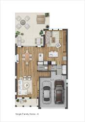 A floor plan of a single family home with a garage and two bedrooms.