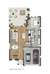 A floor plan of a single family home with a garage and two bedrooms.