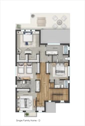 A floor plan of a single family home with a living room, kitchen, and two bedrooms.