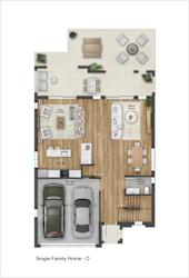 A floor plan of a single family home with a garage and a living room.