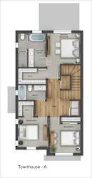 A floor plan of a townhouse with three bedrooms and two bathrooms.