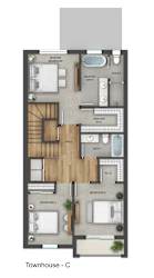 A floor plan of a townhouse with three bedrooms and a living room.
