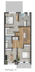 A floor plan of a townhouse with four bedrooms and a living area.