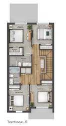A floor plan of a townhouse with five bedrooms and a master suite.