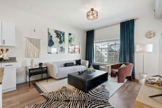 A living room with a zebra rug on the floor.